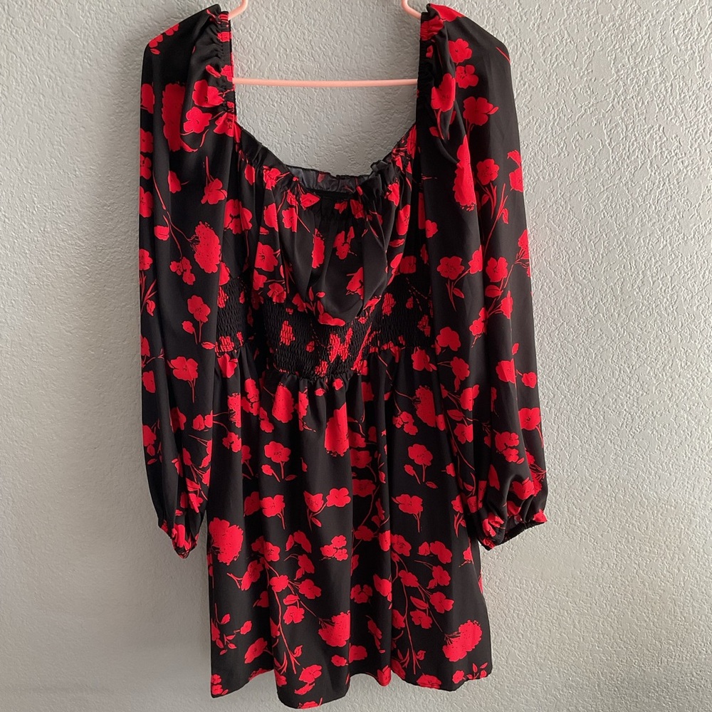 SHEIN Black and Red Floral Long Sleeve Dress